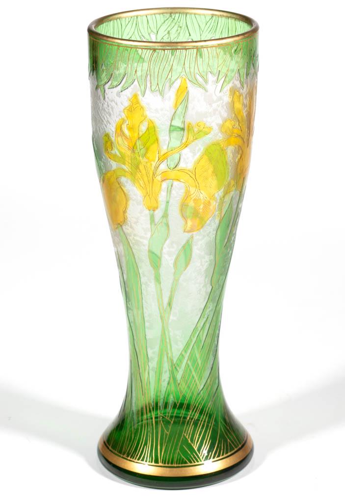 DORFLINGER HONESDALE IRIS CAMEO ART GLASS VASE: DORFLINGER HONESDALE IRIS CAMEO ART GLASS VASE, green and amber to frosted colorless with gilt decoration, slightly flaring cylindrical form with foliate decoration, polished pontil mark, signed "Hone