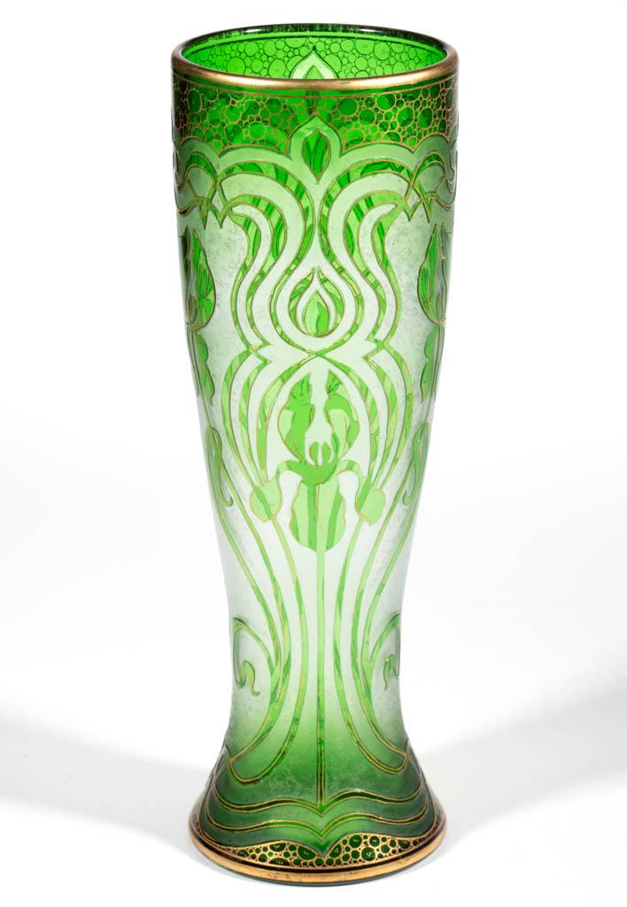 DORFLINGER HONESDALE IRIS CAMEO ART GLASS VASE: DORFLINGER HONESDALE IRIS CAMEO ART GLASS VASE, green to frosted colorless with gilt decoration, slightly tapered cylindrical form, flower and linear motif design, polished pontil mark, signed "Honesd