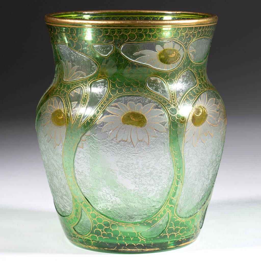 DORFLINGER HONESDALE DAISY CAMEO ART GLASS VASE: DORFLINGER HONESDALE DAISY CAMEO ART GLASS VASE, green and amber to frosted colorless with gilt decoration, shouldered form having scattered bloomed flowers with some peaking behind the scrolling deco