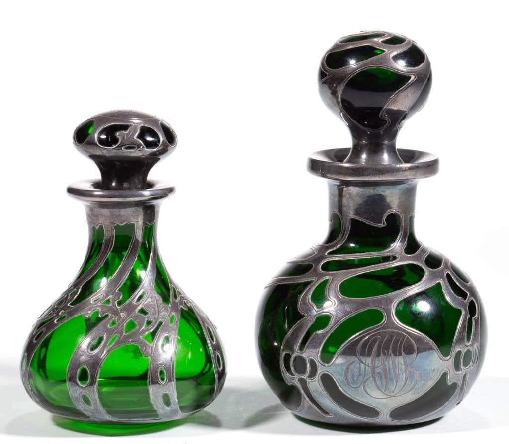 GORHAM ART NOUVEAU SILVER-OVERLAY AND GLASS PERFUME: GORHAM ART NOUVEAU SILVER-OVERLAY AND GLASS PERFUME BOTTLES, LOT OF TWO, green, each having globular form, one featuring a stylized flowing design with inscribed monogram to front, and one with styliz