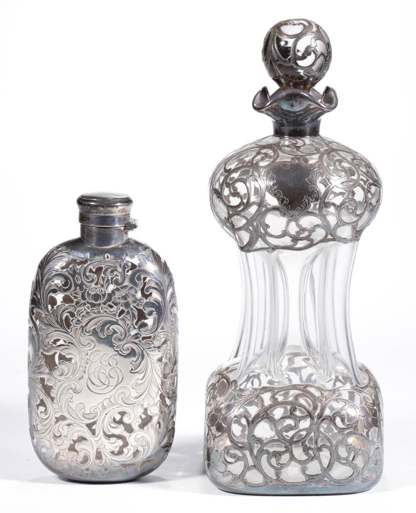 ASSORTED ART NOUVEAU SILVER-OVERLAY AND GLASS DRINKING: ASSORTED ART NOUVEAU SILVER-OVERLAY AND GLASS DRINKING ARTICLES, LOT OF TWO, each having floral and scroll decoration, comprising a flask with inscribed monogram to front, having "STERLING" stamped to