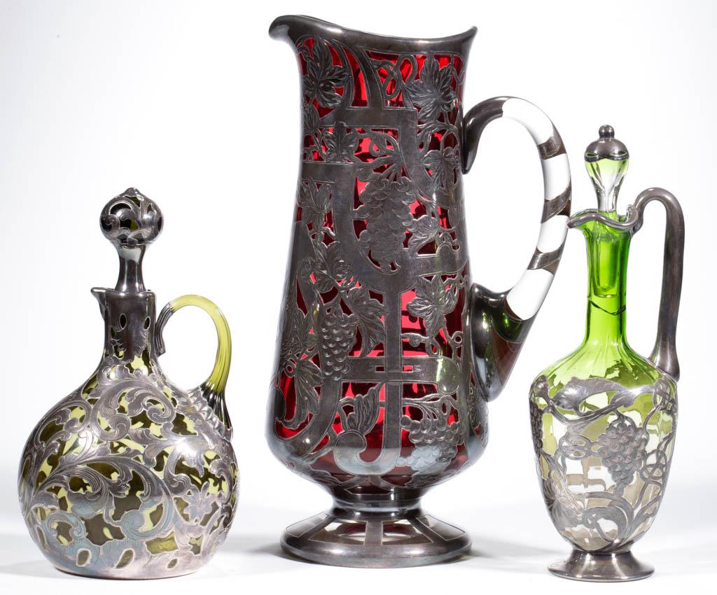 ASSORTED SILVER OVERLAY AND GLASS ARTICLES, LOT OF: ASSORTED SILVER OVERLAY AND GLASS ARTICLES, LOT OF THREE, comprising a light olive ewer with scrolled floral design having "PP" inscribed to front, overlay stamped "S1490" and "GORHAM MFG. CO.", a cra