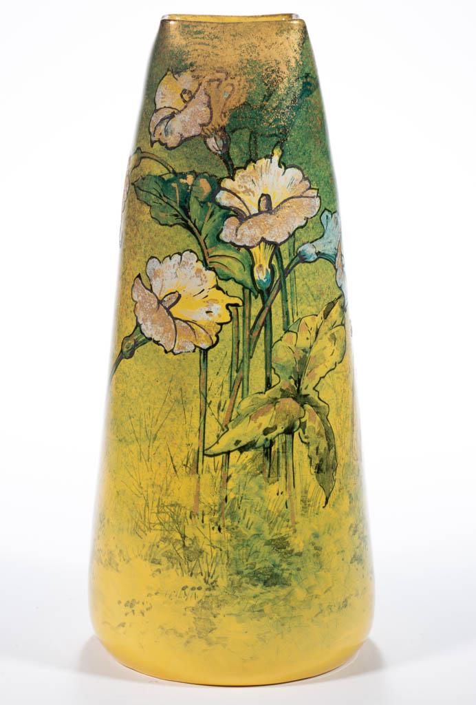 FRENCH "CLEMENT MASSIER" (1845-1917) ART POTTERY VASE: FRENCH "CLEMENT MASSIER" (1845-1917) ART POTTERY VASE, of tapering cylindrical form with square-shaped rim, featuring polychrome floral motif on bright yellow ground with gilt decoration. Stamped and