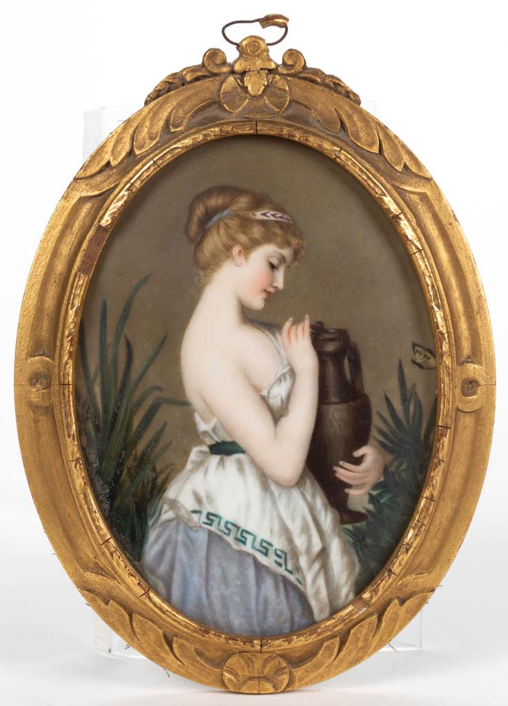CONTINENTAL PORCELAIN PORTRAIT PLAQUE: CONTINENTAL PORCELAIN PORTRAIT PLAQUE, finely painted oval form, after Robert Julius Beyschlag (German, 1839-1903), "Portrait of a Girl in a Garden" featuring a graceful young woman with off-the-shoul