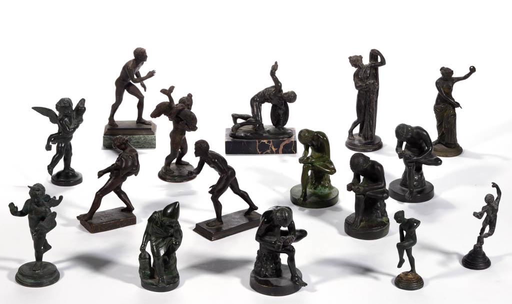 ASSORTED GRAND TOUR-STYLE METAL SOUVENIR / TOURIST: ASSORTED GRAND TOUR-STYLE METAL SOUVENIR / TOURIST ARTICLES, LOT OF 16, comprising various figures, including Putto with a Dolphin after Andrea del Verrocchio, and Boy with Thorn. 20th century. Putto 