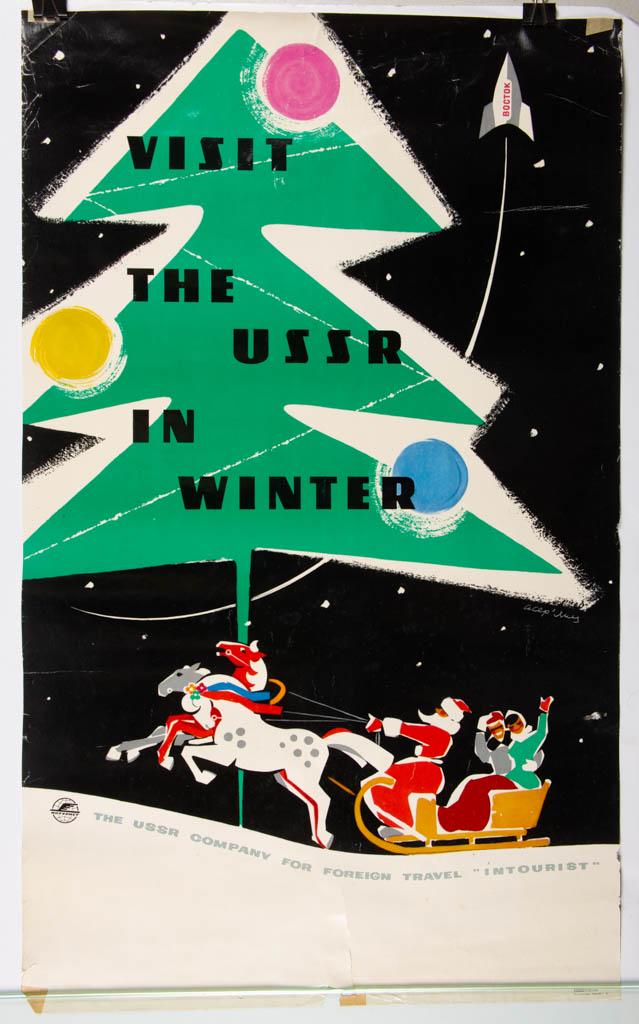 RUSSIAN / SOVIET UNION INTOURIST TRAVEL POSTERS, LOT OF: RUSSIAN / SOVIET UNION INTOURIST TRAVEL POSTERS, LOT OF TWO, comprising one titled "VISIT THE USSR IN WINTER" depicting Santa Claus and "Boctok", and another titled "VISIT MOSCOW!", depicting the Spas