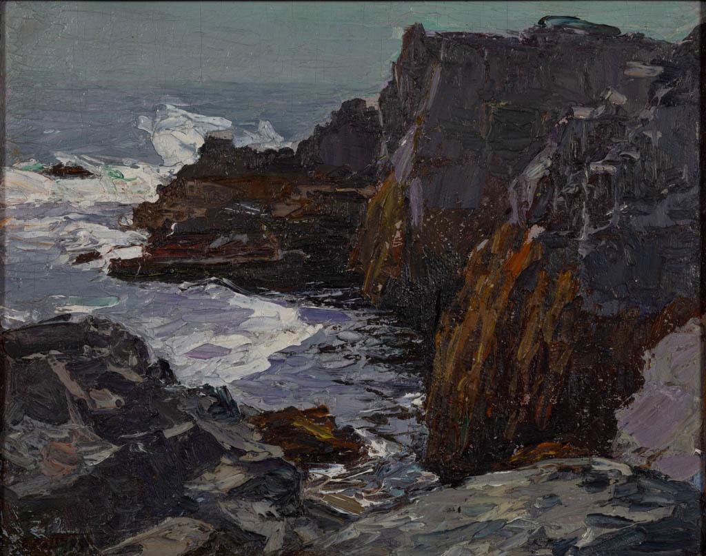 EDWARD HENRY POTTHAST (AMERICAN, 1857-1927) COASTAL: EDWARD HENRY POTTHAST (AMERICAN, 1857-1927) COASTAL LANDSCAPE, oil on board, signed lower left, retains likely original paper label verso titled and inscribed "A Rockbound Coast / Edward H. Potthast /