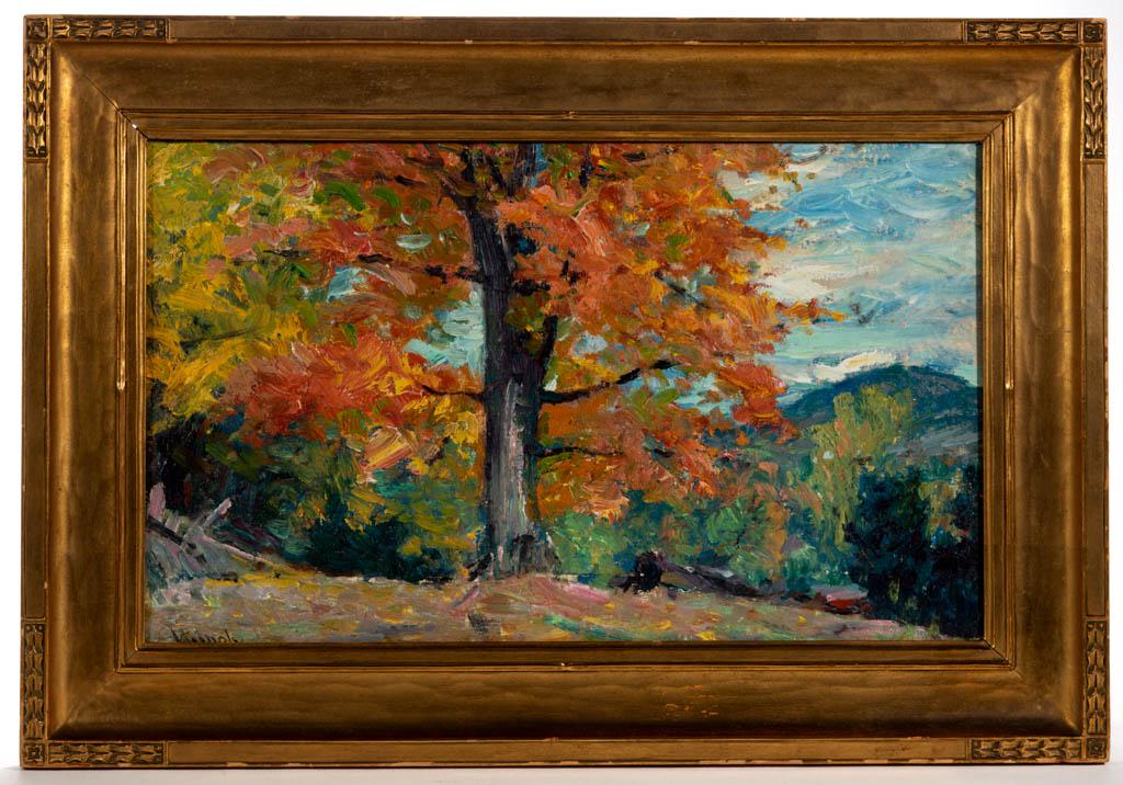 ROBERT WILLIAM VONNOH (AMERICAN, 1858-1933) LANDSCAPE: ROBERT WILLIAM VONNOH (AMERICAN, 1858-1933) LANDSCAPE PAINTING, oil on canvas, an impressionistic fall vista, probably New England, depicting a brightly colored tree with valley and mountains in backg