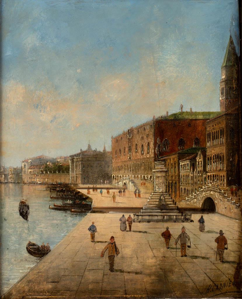 CONTINENTAL SCHOOL (19TH CENTURY) VENETIAN CANAL SCENE: CONTINENTAL SCHOOL (19TH CENTURY) VENETIAN CANAL SCENE, oil on board, depicting figures walking along the canal, signed in the lower right corner "H. CARNIER", possibly after Henri Carnier (Austrian, 