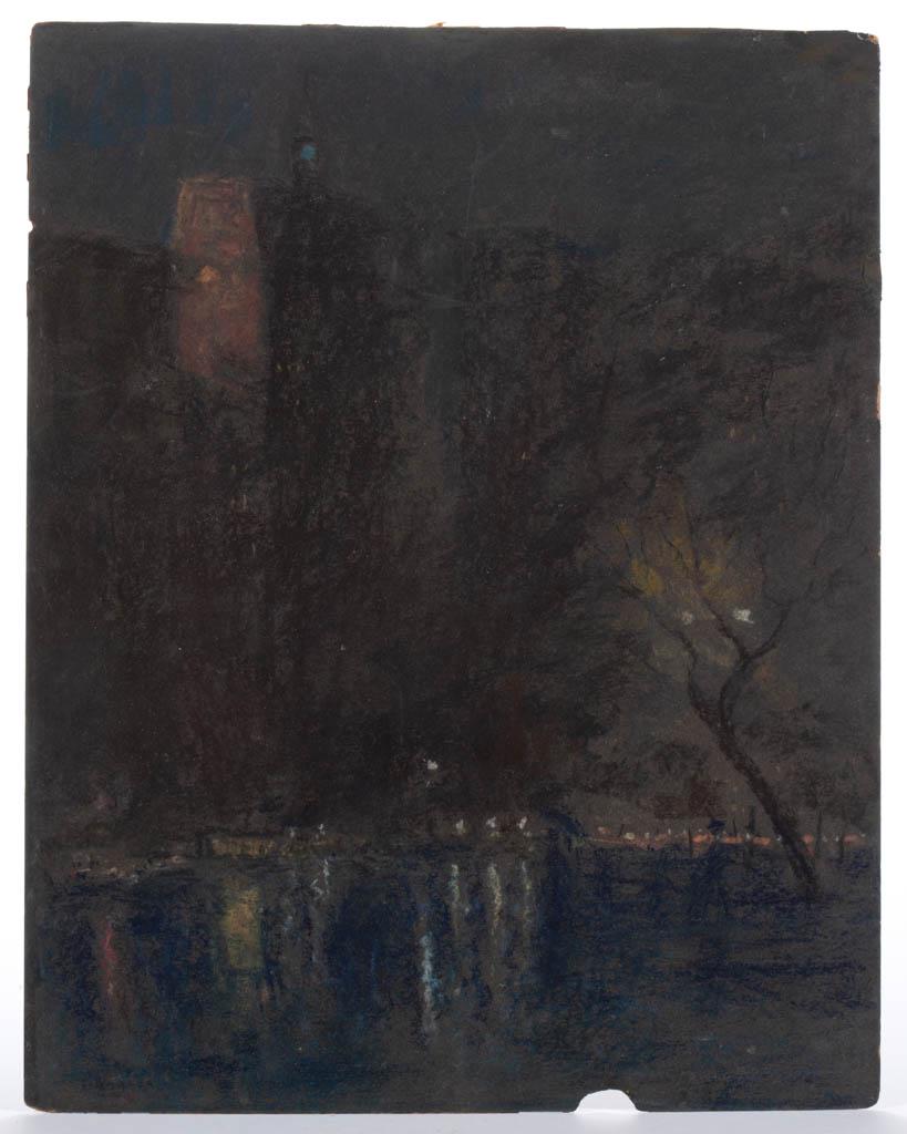 FREDERICK R. WAGNER (AMERICAN, 1864-1940) NEW YORK: FREDERICK R. WAGNER (AMERICAN, 1864-1940) NEW YORK NOCTURNAL CITYSCAPE, pastel on paper, depicting downtown New York, signed in lower right corner "F Wagner". Unframed. Circa 1920. 14" x 11".Very good