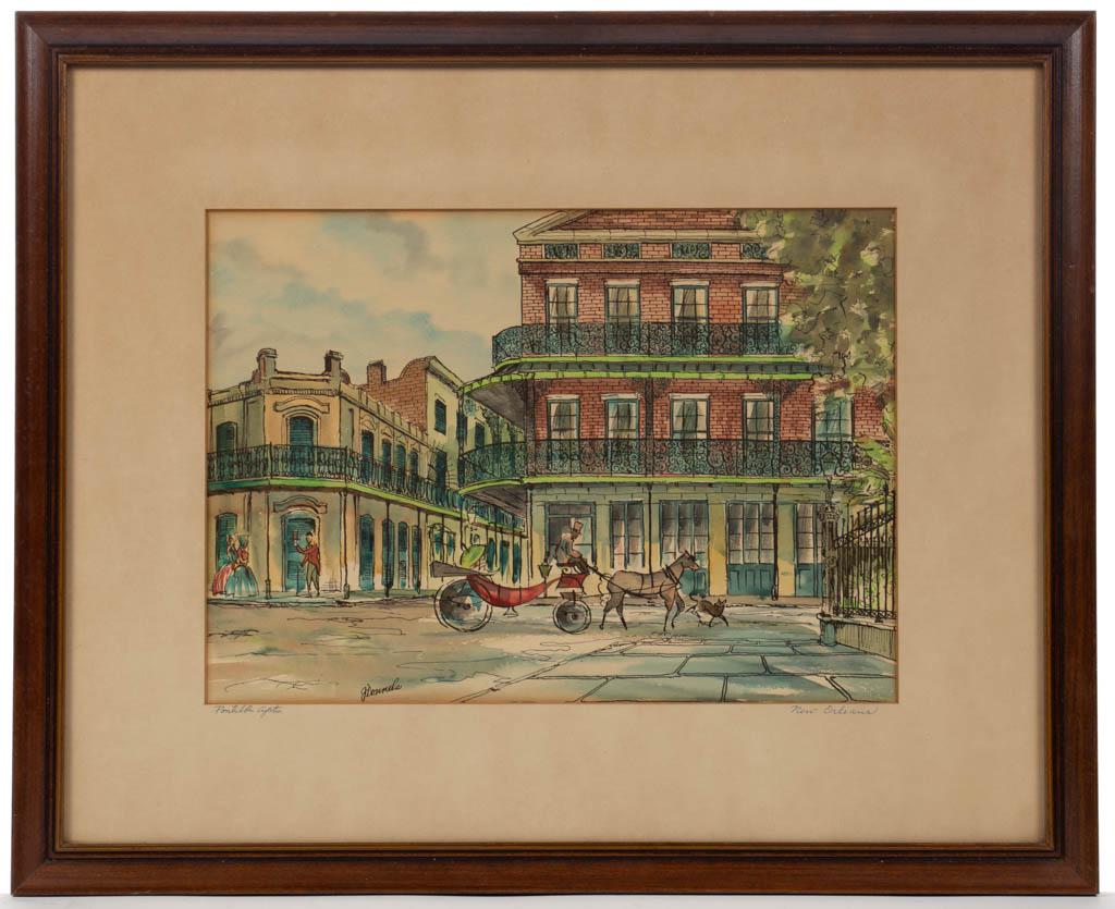 JOHNNY DONNELS (NEW ORLEANS, 1925-2009) STREET SCENE: JOHNNY DONNELS (NEW ORLEANS, 1925-2009) STREET SCENE, watercolor on paper, titled "Pontalba Apts. / New Orleans" in blue ink on mat, signed lower left. Housed under glass in an old frame. Second half 