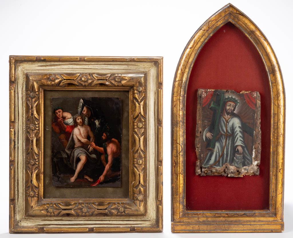 EUROPEAN SCHOOL OLD MASTER-STYLE PAINTINGS, LOT OF TWO: EUROPEAN SCHOOL OLD MASTER-STYLE PAINTINGS, LOT OF TWO, oil on tin and canvas laid on panel, depicting Jesus being fitted with the crown of thorns, and one with Jesus bearing the cross with a rope aro