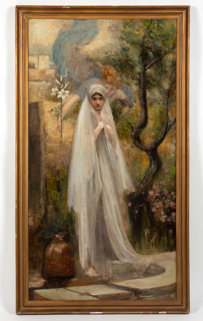 EUROPEAN SCHOOL (19TH CENTURY) RELIGIOUS SCENE: EUROPEAN SCHOOL (19TH CENTURY) RELIGIOUS SCENE, oil on canvas, after Arthur Hacker (English, 1858-1919) "The Annunciation", originally painted in 1892, no signature located. Housed in possibly origina