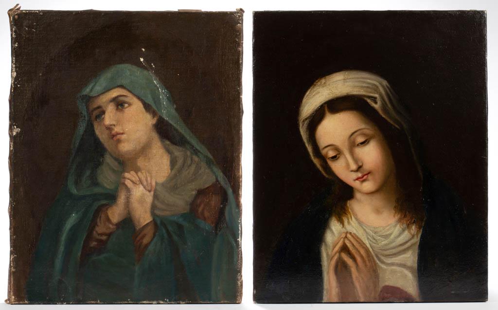EUROPEAN SCHOOL OLD MASTER-STYLE PAINTINGS, LOT OF TWO: EUROPEAN SCHOOL OLD MASTER-STYLE PAINTINGS, LOT OF TWO, each depicting the Virgin Mary in prayer, no signatures located. Unframed. Probably 19th century or earlier. 19 1/4" x 15 1/2" and 19 1/4" x 15"