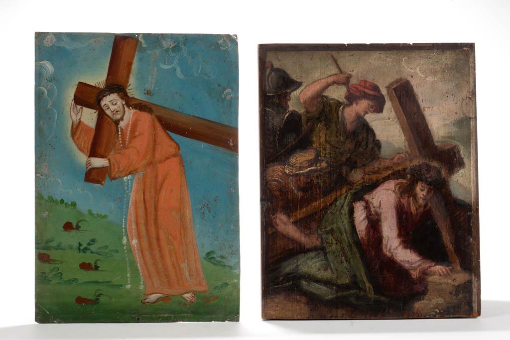 EUROPEAN SCHOOL OLD MASTER-STYLE PAINTINGS, LOT OF TWO: EUROPEAN SCHOOL OLD MASTER-STYLE PAINTINGS, LOT OF TWO, oil on tin and oil on panel, each depicting Jesus bearing the cross, no signatures located. Unframed. Probably 19th century or earlier. 13 1/2"
