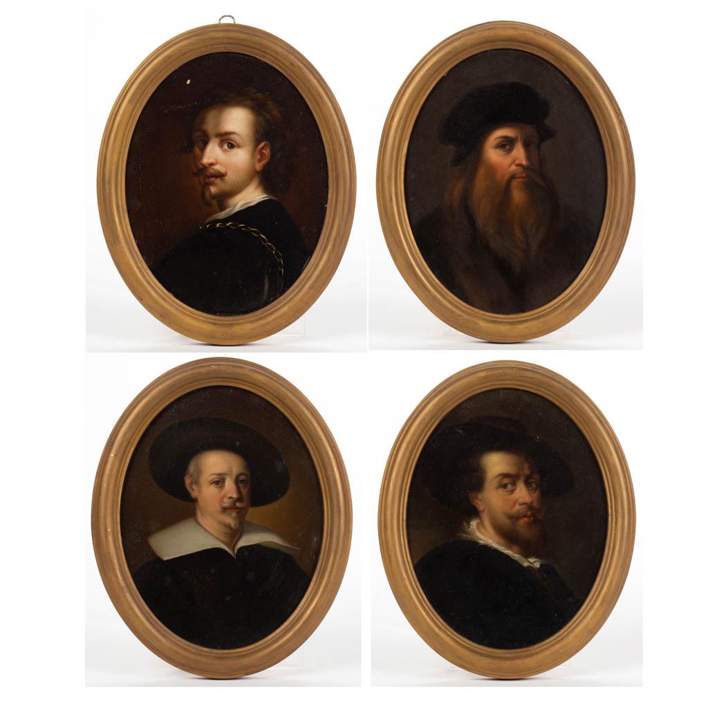 EUROPEAN SCHOOL OLD MASTER-STYLE ARTIST PORTRAITS, LOT: EUROPEAN SCHOOL OLD MASTER-STYLE ARTIST PORTRAITS, LOT OF FOUR, oil on board, including Sir Anthony van Dyck, Leonardo da Vinci, and Peter Paul Rubens, each retain retailer label for "McCLEES GALLERIE