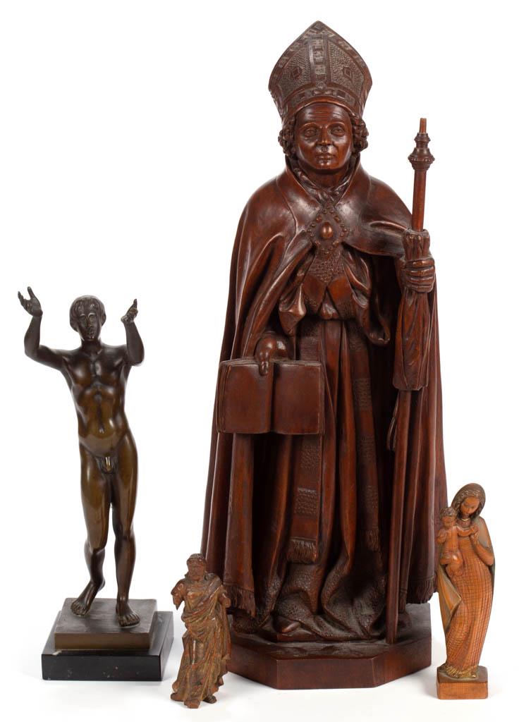 CONTINENTAL CARVED WOOD SANTOS FIGURES, LOT OF THREE: CONTINENTAL CARVED WOOD SANTOS FIGURES, LOT OF THREE, including a Bishop, and Madonna and Child, with stamp on the bottom "MADE IN ITALY". Together with a Grand Tour-Style nude bronze. Four pieces tot