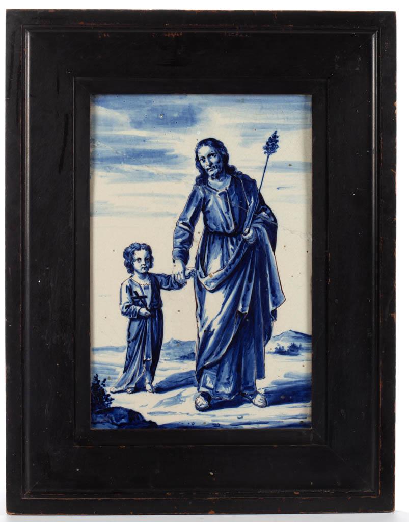 DUTCH DELFT TIN-GLAZED EARTHENWARE FRAMED PLAQUE: DUTCH DELFT TIN-GLAZED EARTHENWARE FRAMED PLAQUE, featuring deep blue hand-painted scene of Jesus holding the hand of a young child. 17th/18th century. 16 1/8" x 10 3/4" sight, 24 3/8" x 19" OA. Plaqu