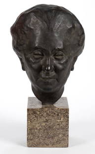 EVELYN BEATRICE LONGMAN (AMERICAN, 1874-1954),: EVELYN BEATRICE LONGMAN (AMERICAN, 1874-1954), ATTRIBUTED, BRONZE BUST OF A WOMAN, possibly depicting Laura Calvert Bacon, dated on the back "1924", and with foundry marks for "H. NOACK BERLIN FRIEDEN