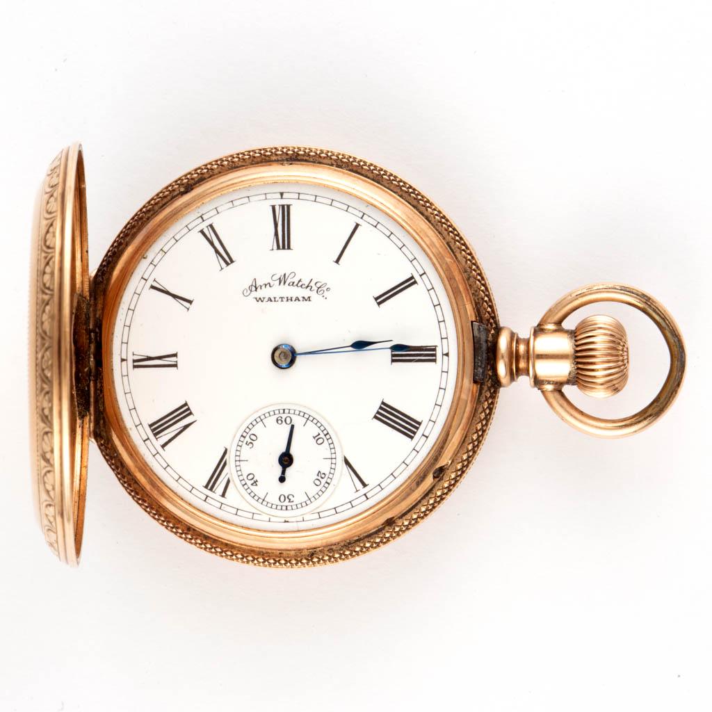 AMERICAN WALTHAM WATCH CO. 14K GOLD CASE 7-JEWEL MODEL: AMERICAN WALTHAM WATCH CO. 14K GOLD CASE 7-JEWEL MODEL 1884-Q POCKET WATCH, Grade E, Seaside Quality; engine-turned and engraved hunter case, interior stamped "14K / 140148"; movement serial #3465924;