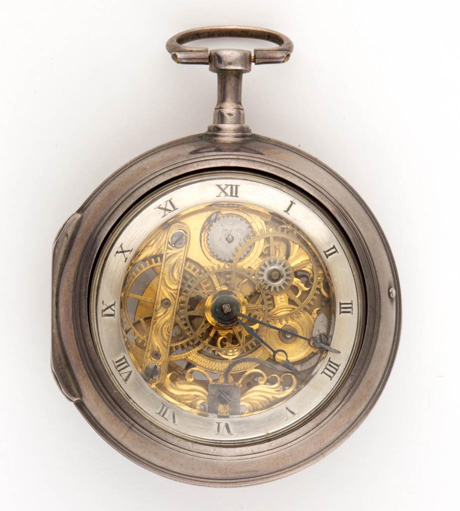 ENGLISH GEORGE III SILVER PAIR CASED KEY-WIND AND: ENGLISH GEORGE III SILVER PAIR CASED KEY-WIND AND KEY-SET SKELETON POCKET WATCH, Roman chapter ring, blued-steel hands, verge movement with engraved decoration, marked "Upjohn / London / 196". Case wi