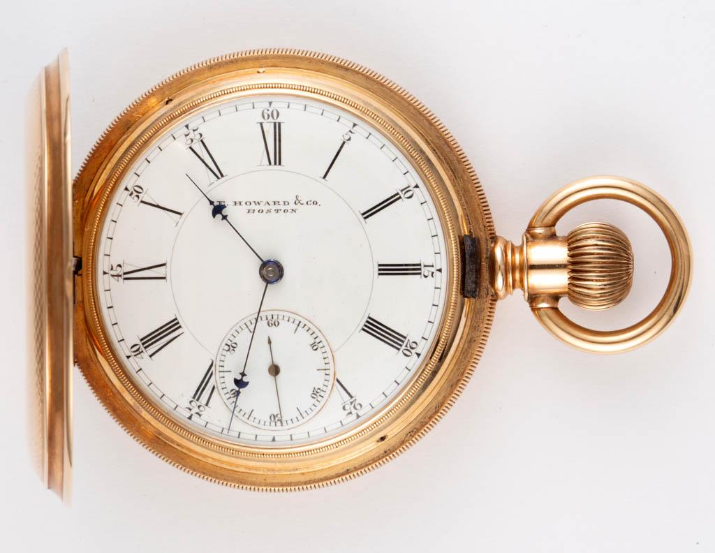 E. HOWARD & CO. 14K GOLD CASE 15-JEWEL MODEL 1884: E. HOWARD & CO. 14K GOLD CASE 15-JEWEL MODEL 1884 POCKET WATCH, Series VII grade; engine-turned hunter case, interior stamped "Warranted / 14K / U.S. Assay / C.W. MFG.Co. / 63545"; movement serial #20