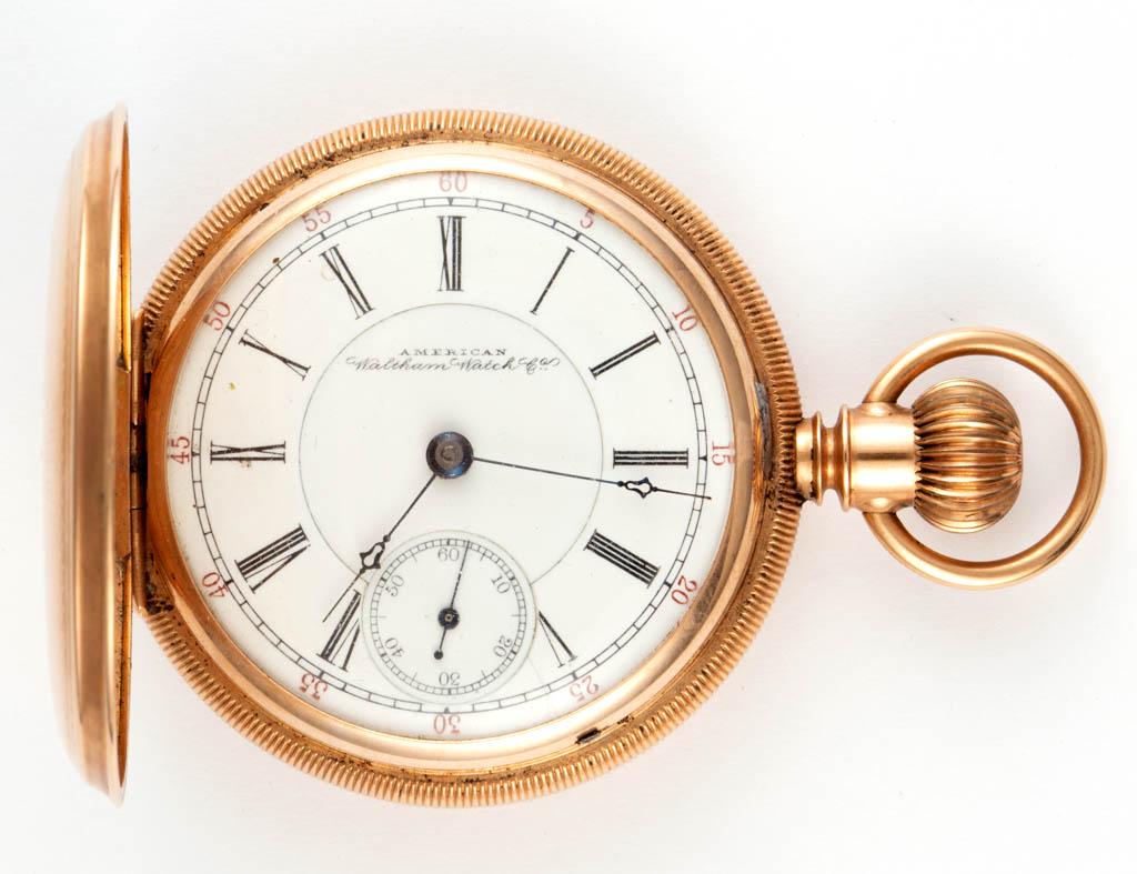 AMERICAN WALTHAM WATCH CO. 14K GOLD CASE 15-JEWEL MODEL: AMERICAN WALTHAM WATCH CO. 14K GOLD CASE 15-JEWEL MODEL 1883 POCKET WATCH, Appleton, Tracey & Co. grade; engine-turned hunter case, interior stamped "Warranted / 14K / U.S. Assay / B. W. G. CO. / 7234