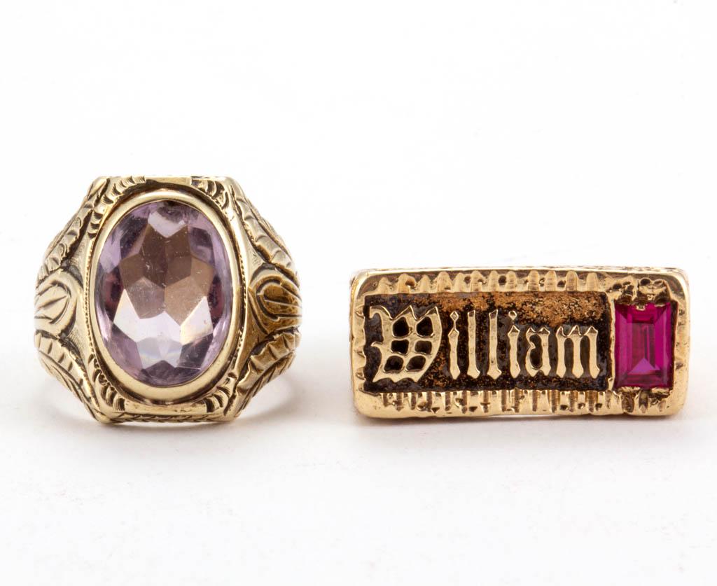 ANTIQUE / VINTAGE 14K AND 18K YELLOW GOLD MEN'S RINGS,: ANTIQUE / VINTAGE 14K AND 18K YELLOW GOLD MEN'S RINGS, LOT OF TWO, comprising a marked 14K rectangular example with "William" to top next to a rectangular ruby stone, and an unmarked example that test