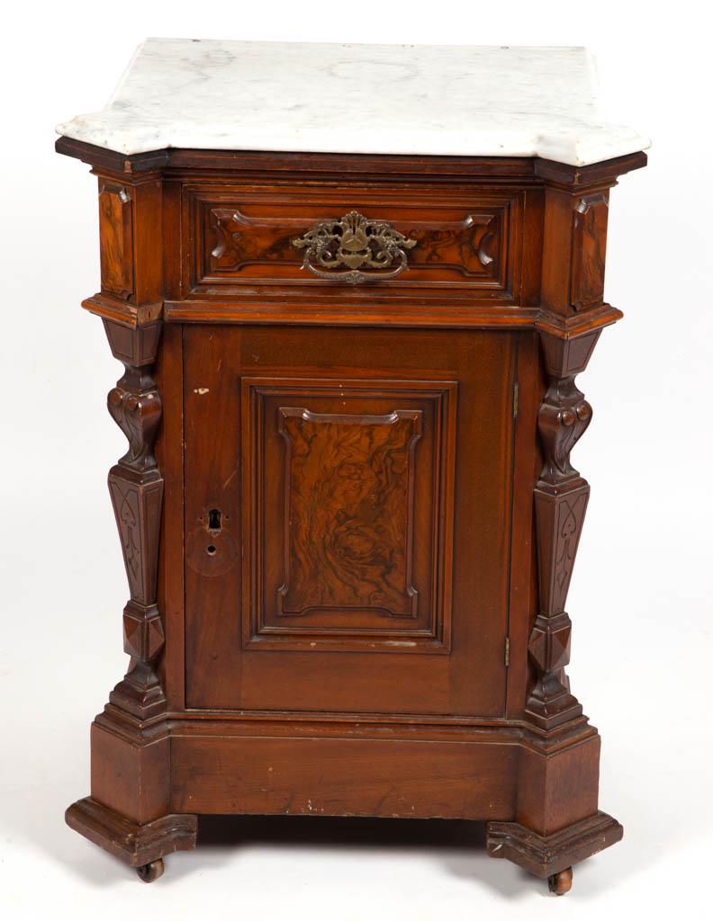 VICTORIAN WALNUT MARBLE-TOP NIGHT / WASH STAND: VICTORIAN WALNUT MARBLE-TOP NIGHT / WASH STAND, done in the Renaissance Revival-style with burl accents, marble top over machine dovetailed drawer, over one door concealing a fixed shelf, the whole ra