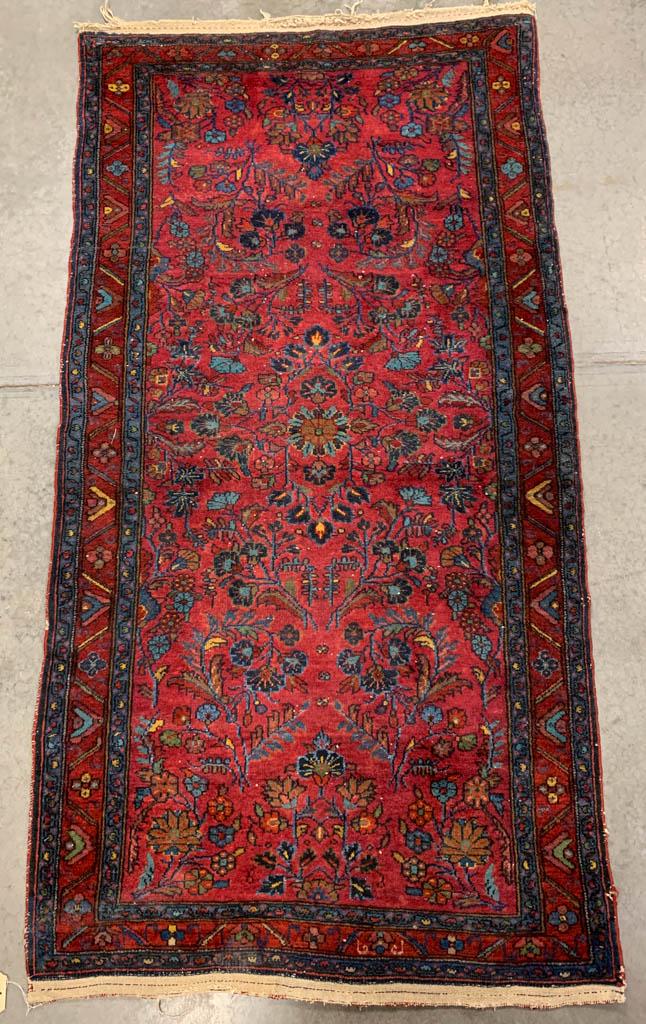 SEMI-ANTIQUE PERSIAN SCATTER ORIENTAL RUG: SEMI-ANTIQUE PERSIAN SCATTER ORIENTAL RUG, red and blue ground, with floral designs. Late 19th/first half 20th century. 6' 8" x 3' 5". Very good overall condition, minor losses to trim, and with areas