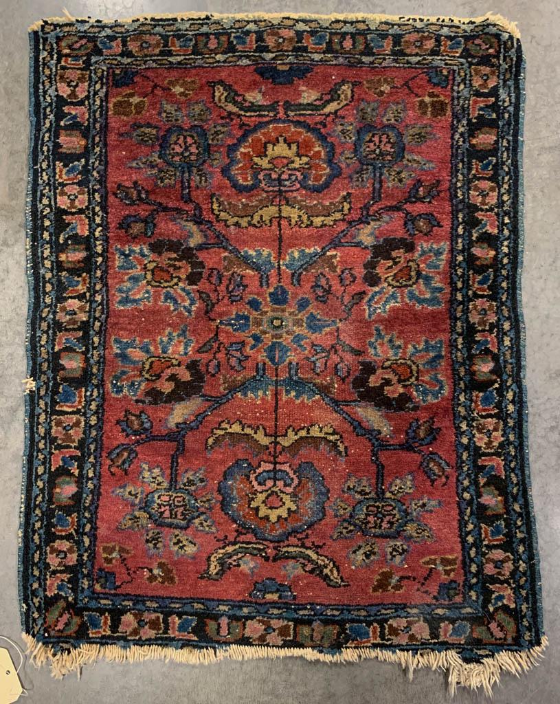ANTIQUE PERSIAN SCATTER ORIENTAL RUG: ANTIQUE PERSIAN SCATTER ORIENTAL RUG, red ground, with floral designs. Late 19th/early 20th century. 2' 6" x 2'. Good overall condition, minor to moderate losses to edge and trim, and with areas of ex