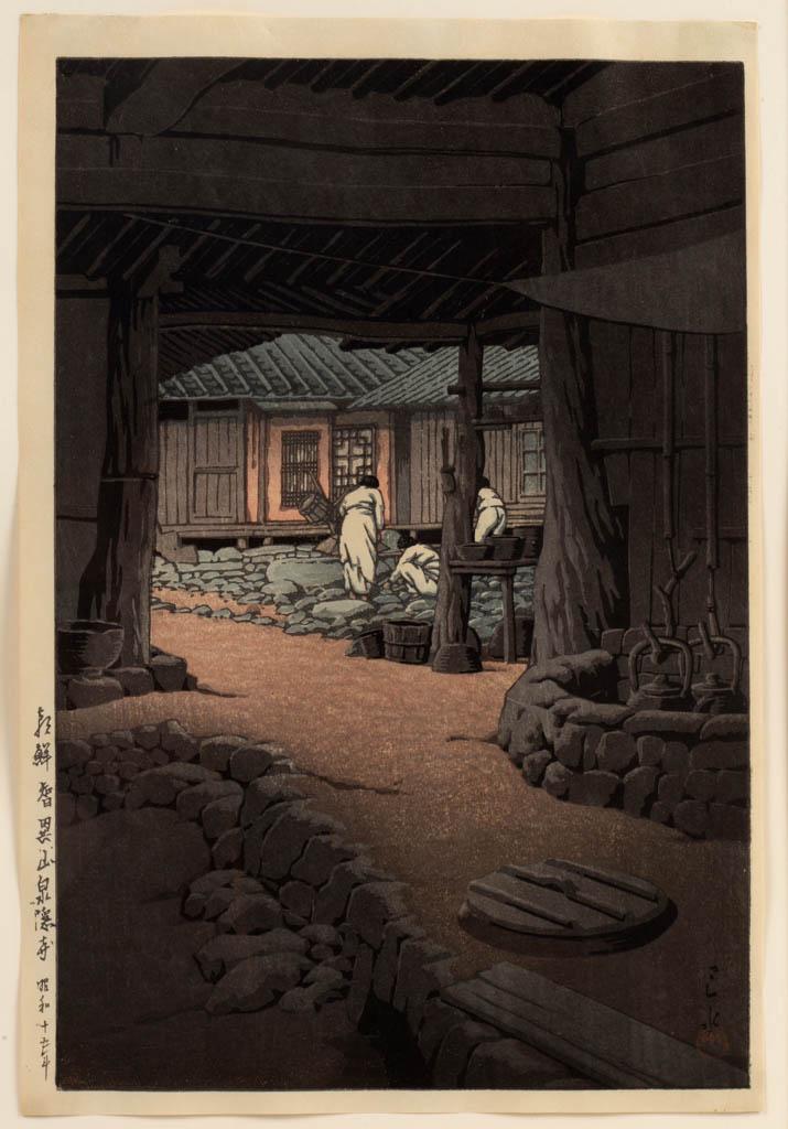 KAWASE HASUI (JAPANESE, 1883-1957) CHUNUM TEMPLE: KAWASE HASUI (JAPANESE, 1883-1957) CHUNUM TEMPLE WOODBLOCK PRINT, from the series Views of Korea, depicting women at the temple in Mt. Chiri, Korea, artist's signature and red stamp to lower right cor