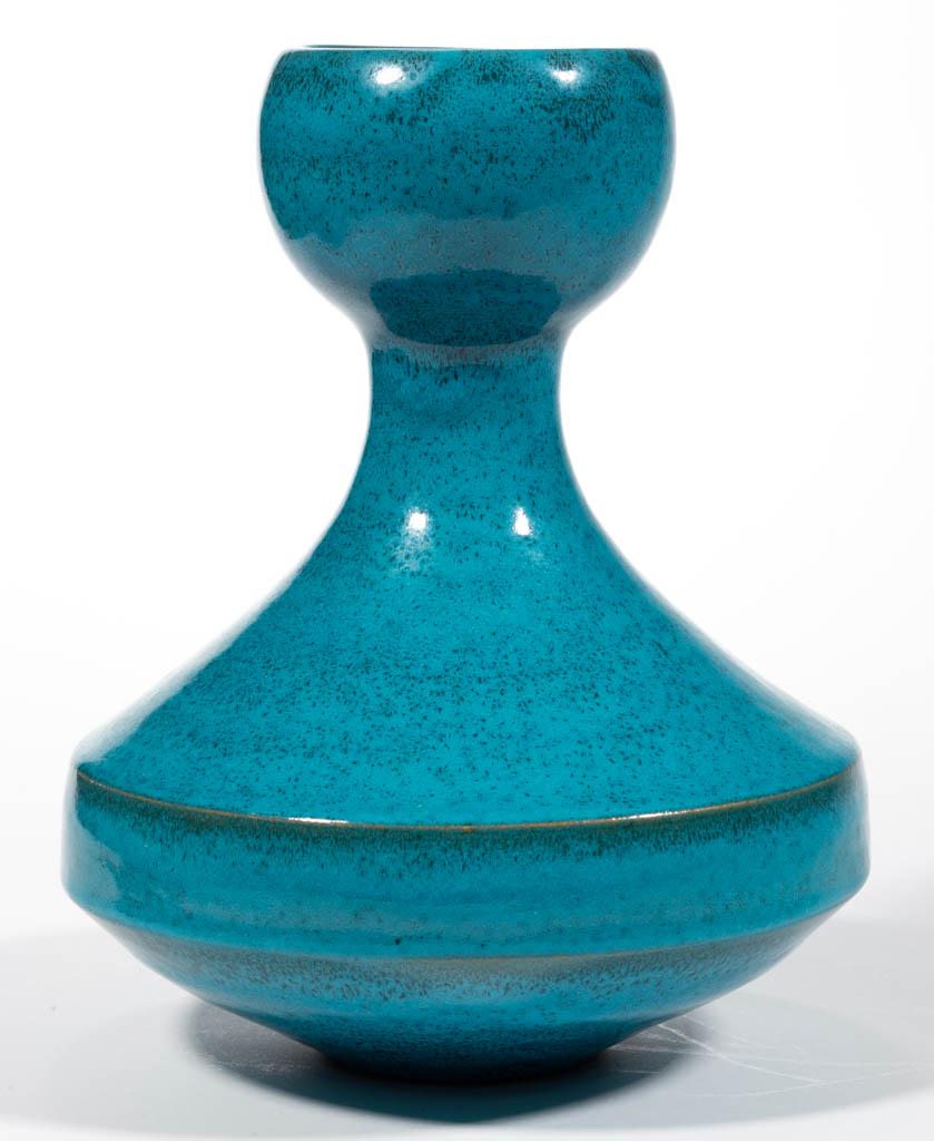 JAPANESE / CHINESE CERAMIC VASE: JAPANESE / CHINESE CERAMIC VASE, hourglass form with broad circular base tapering to a cup-shaped top with overall rich turquoise glaze. Having impressed two character mark. 20th century. 9" H.Undamag