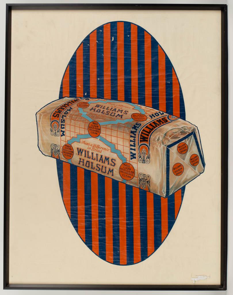 WILLIAMS HOLSUM BREAD ADVERTISING SIGN: WILLIAMS HOLSUM BREAD ADVERTISING SIGN, chromolithograph on paper, design featuring a brightly-packaged loaf of bread against an orange and blue striped ground within elliptical reserve. Housed in a m