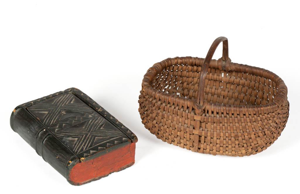AMERICAN COUNTRY ARTICLES, LOT OF TWO: AMERICAN COUNTRY ARTICLES, LOT OF TWO, comprising a carved and painted spruce gum slide-lid box, and a miniature stave-type woven-splint basket, with wrapped rim and arched handle. 19th century. Baske