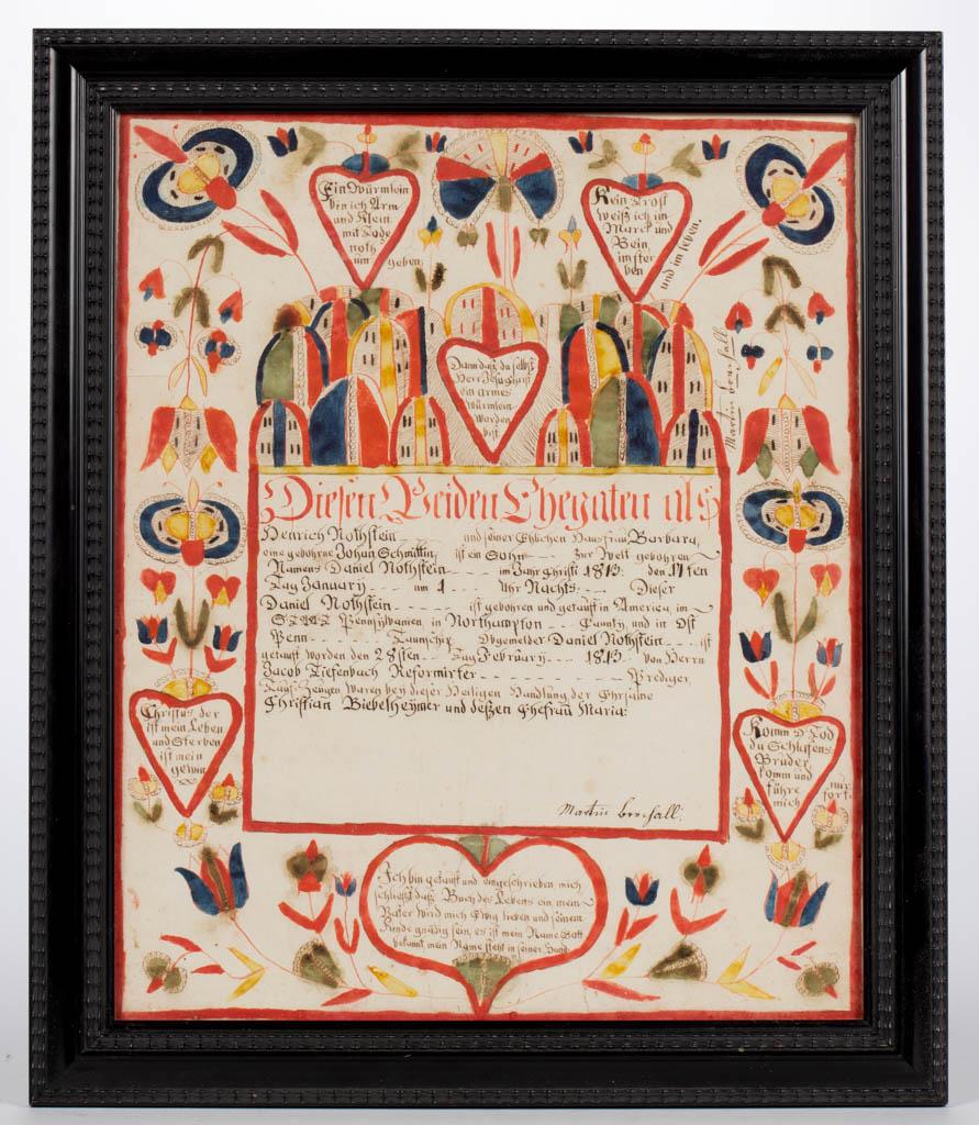 MARTIN BRECHALL (SOUTHEASTERN PENNSYLVANIA, ACT.: MARTIN BRECHALL (SOUTHEASTERN PENNSYLVANIA, ACT. 1783-1830), FRAKTUR DRAWING / BIRTH RECORD, inscribed for "Daniel Northsfein" of "Northhampton County Penn", with verses inside hearts, signed twice "M
