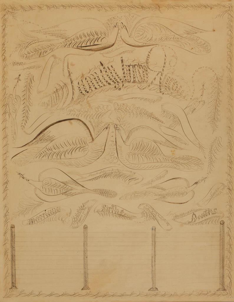 AMERICAN SCHOOL (19TH CENTURY) FOLK ART CALLIGRAPHIC: AMERICAN SCHOOL (19TH CENTURY) FOLK ART CALLIGRAPHIC FAMILY RECORD, ink on paper, unfinished, featuring two kissing doves, four birds catching crickets, and spots for "Marriages", "Births", and "Death