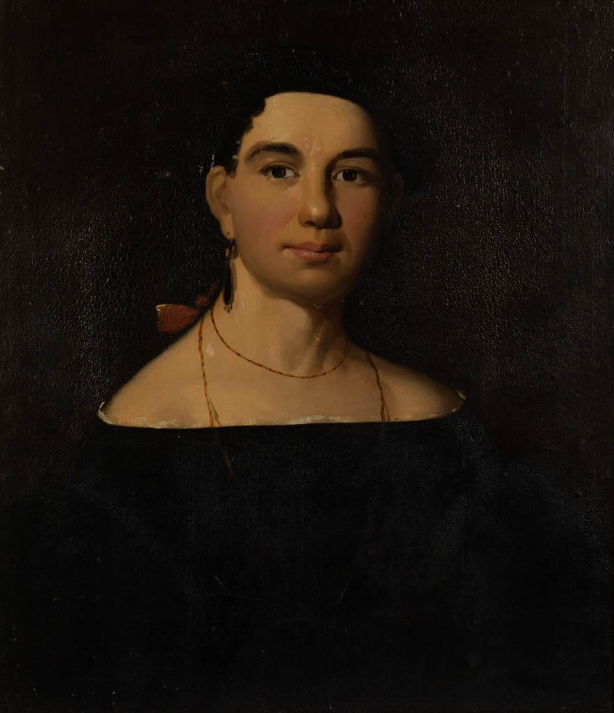 WILLIAM MATTHEW PRIOR (MAINE / MASSACHUSETTS,: WILLIAM MATTHEW PRIOR (MAINE / MASSACHUSETTS, 1806-1873), ATTRIBUTED, PORTRAIT OF A WOMAN, oil on canvas, youthful sitter with braided black hair secured with a red ribbon, she wearing off-the-shoulde
