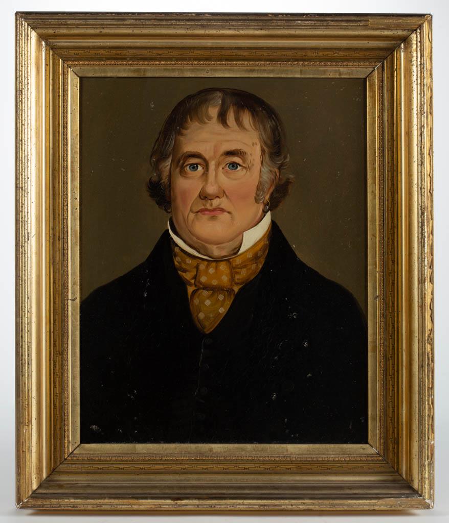 PRIOR-HAMBLIN SCHOOL, ATTRIBUTED, FOLK ART PORTRAIT OF: PRIOR-HAMBLIN SCHOOL, ATTRIBUTED, FOLK ART PORTRAIT OF CAPTAIN JAMES SNOW, oil on board, of Mattapoisett, Massachusetts, waist-length, and having pierced ears, wearing a black suite coat and amber bow