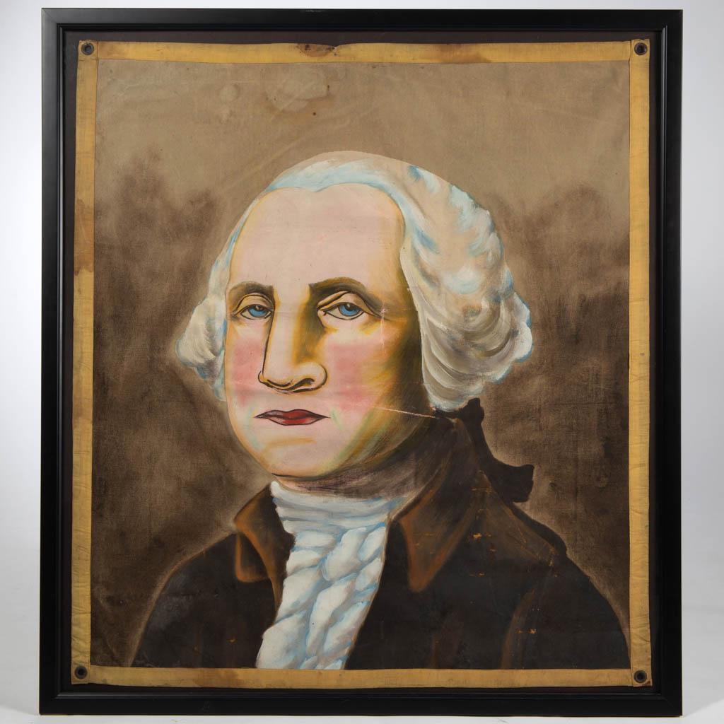 AMERICAN SCHOOL (FIRST QUARTER 20TH CENTURY) FOLK ART: AMERICAN SCHOOL (FIRST QUARTER 20TH CENTURY) FOLK ART PATRIOTIC BANNER, oil on heavy canvas, bust-length depiction of George Washington, loosely after Gilbert Stuart's original, possibly carnival rela