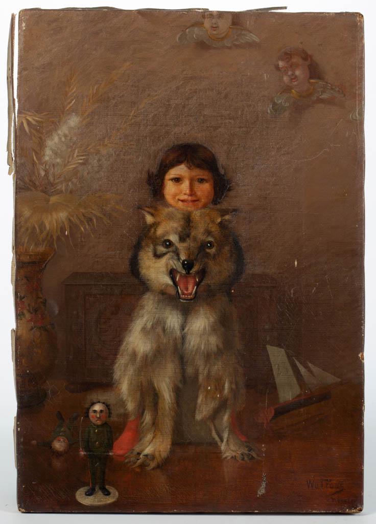 HARRY WILSON WATROUS (AMERICAN, 1857-1940) GENRE SCENE: HARRY WILSON WATROUS (AMERICAN, 1857-1940) GENRE SCENE, oil on canvas, a humorous depiction of a smiling boy standing behind a scowling wolf hide he is using as a costume, interior setting, several to