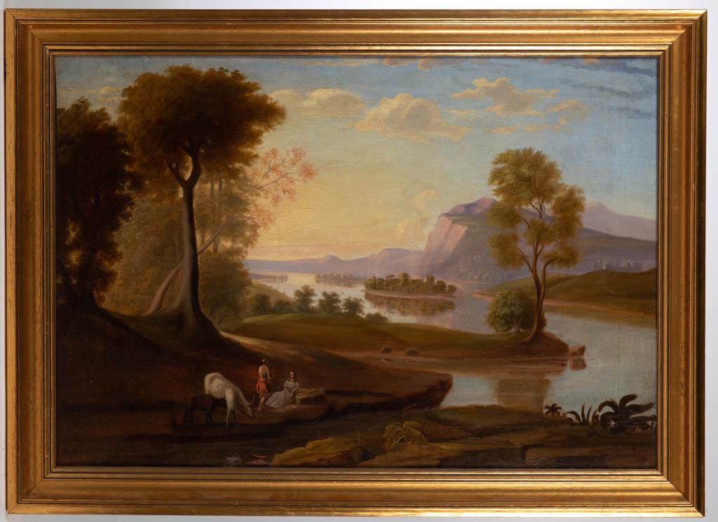 AMERICAN SCHOOL (19TH CENTURY) FOLK ART LANDSCAPE: AMERICAN SCHOOL (19TH CENTURY) FOLK ART LANDSCAPE PAINTING, oil on canvas, depicting a figure of a Native American with a young lady and livestock, mountainous setting with river, possibly a Hudson Ri