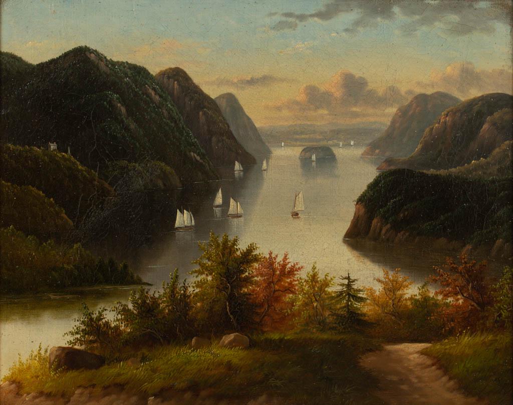 AMERICAN SCHOOL (19TH CENTURY) HUDSON RIVER VALLEY: AMERICAN SCHOOL (19TH CENTURY) HUDSON RIVER VALLEY LANDSCAPE, oil on canvas, an autumnal scene at twilight with white sail vessels on the water, no signature located. Housed in a 19th-century gilt fra