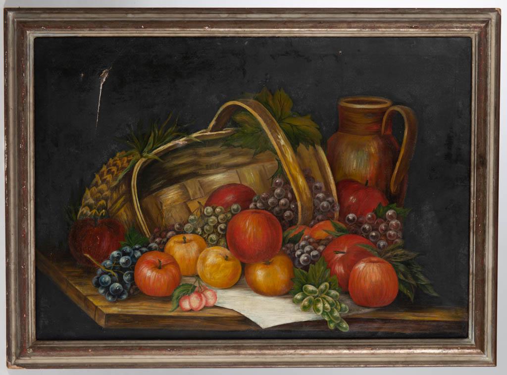 KATHERINE SCHMIDT (AMERICAN, 1898-1978), ATTRIBUTED,: KATHERINE SCHMIDT (AMERICAN, 1898-1978), ATTRIBUTED, STILL-LIFE PAINTING, oil on canvas, depicting a woven-splint basket overflowing with apples, and grapes, with an earthenware jug situated in the ba