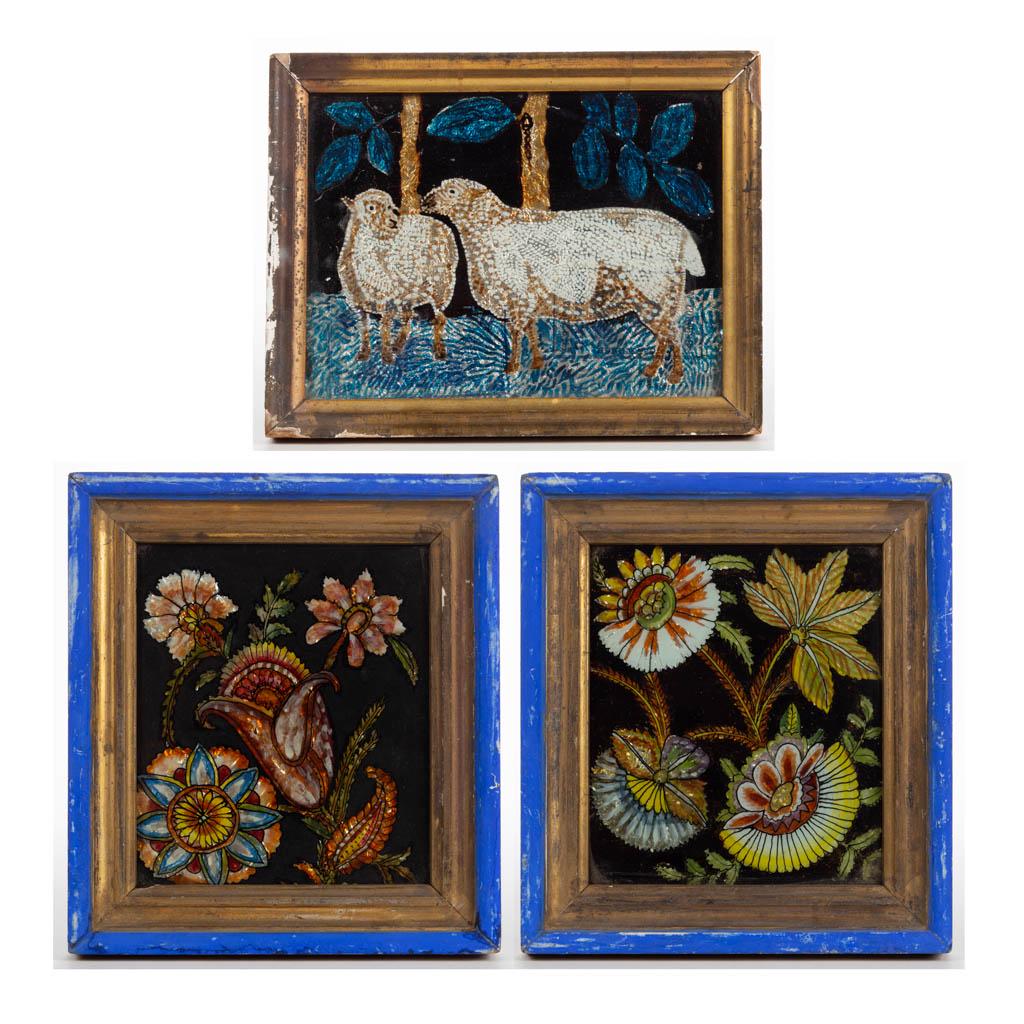 AMERICAN FOLK ART REVERSE-PAINTINGS ON GLASS, LOT OF: AMERICAN FOLK ART REVERSE-PAINTINGS ON GLASS, LOT OF THREE, each accentuated with foil backing, comprising two examples with flowers, and the other with two sheep, no signatures located. Each housed i