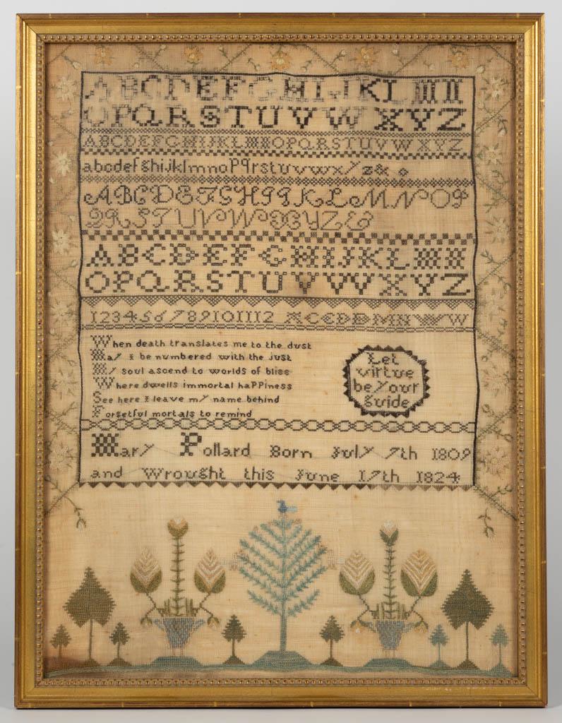 AMERICAN NEEDLEWORK SAMPLER: AMERICAN NEEDLEWORK SAMPLER, silk on linen, nine alphabet and numeral rows segmented by bands of decorative stitching, center featuring a six-row verse next to a framed "Let / virtue / be your/ guide"