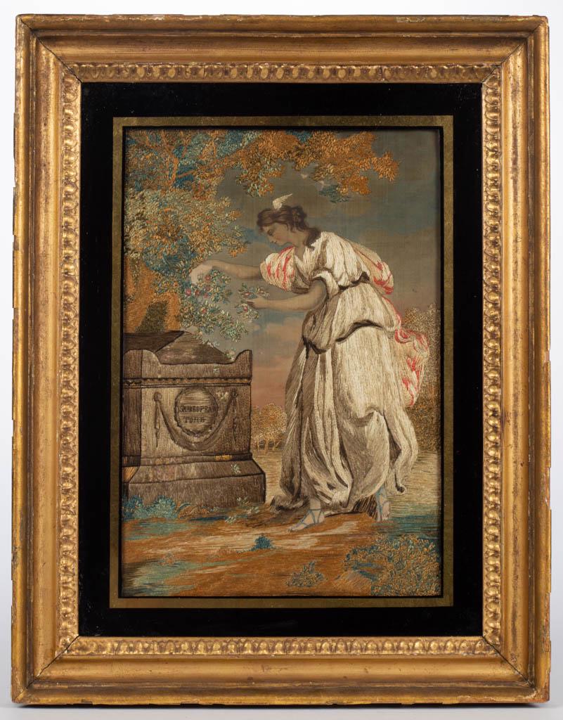 ENGLISH / GEORGIAN SILK-EMBROIDERED MEMORIAL: ENGLISH / GEORGIAN SILK-EMBROIDERED MEMORIAL, after a painting by artist Angelica Kauffman (Swiss, 1741-1807) and a print by engraver Francesco Bartolozzi (Italian, 1727-1815), depicting the figure of