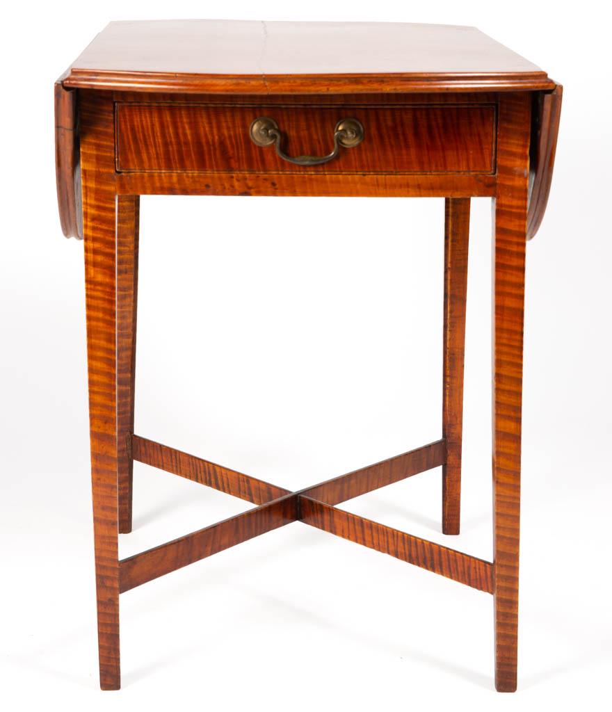 ALBANY, NEW YORK FEDERAL TIGER MAPLE BREAKFAST /: ALBANY, NEW YORK FEDERAL TIGER MAPLE BREAKFAST / PEMBROKE TABLE, a highly figured example, shaped top with banded edges, set with hinged demilune fall leaves, over a single dovetailed drawer with poss