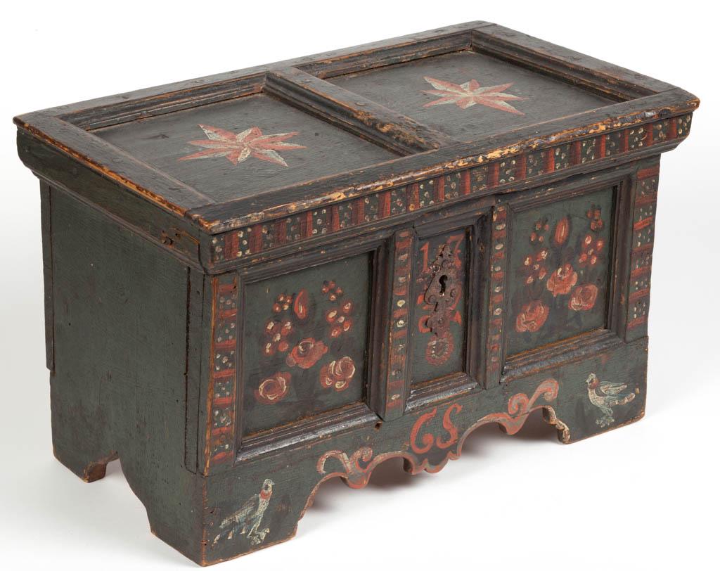 CONTINENTAL PAINT-DECORATED PINE MINIATURE BLANKET: CONTINENTAL PAINT-DECORATED PINE MINIATURE BLANKET CHEST, molded and panelled strap-hinged lid concealing an open interior with lidded till, case with two front panels with likely original escutcheon,