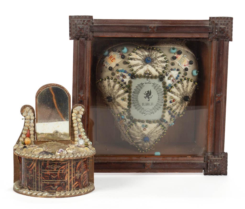 AMERICAN OR CONTINENTAL TOURIST / SEWING ARTICLES, LOT: AMERICAN OR CONTINENTAL TOURIST / SEWING ARTICLES, LOT OF TWO, comprising a heart-shaped beadwork housed under glass in a tramp / folk art frame, and a shell-decorated sewing box with hinged lid conce